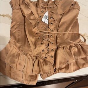 Forever21 Nude Satin Corset Top with Ruffles Trimming Ruched back for slim look